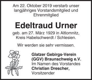 Traueranzeige für Edeltraud Urner im Grafschafter Boten von Dezember 2019